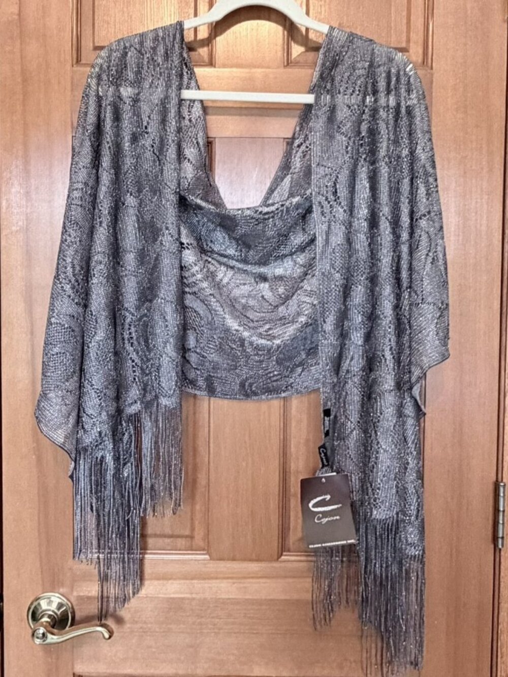 Cejon Gray Metallic Sparkle Textured Fringe Scarf Wrap NWT